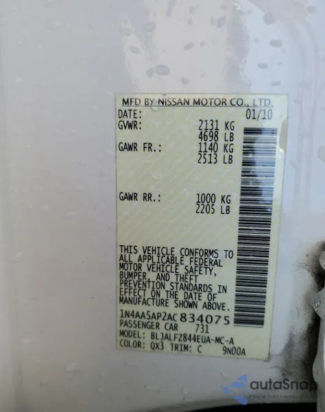 2010 Nissan Maxima S from USA, damaged, VIN 1N4AA5AP2AC834075